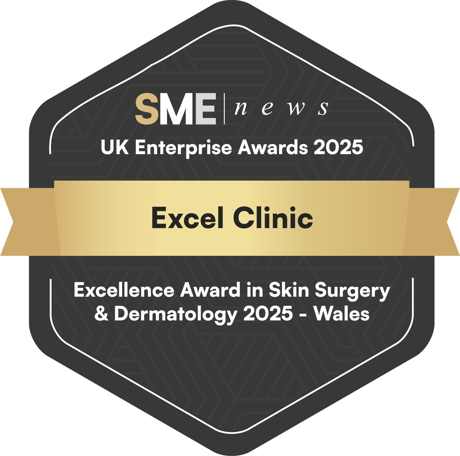 Award badge stating 'Excellence Award in Skin Surgery and Dermatology 2-25 - Wales'