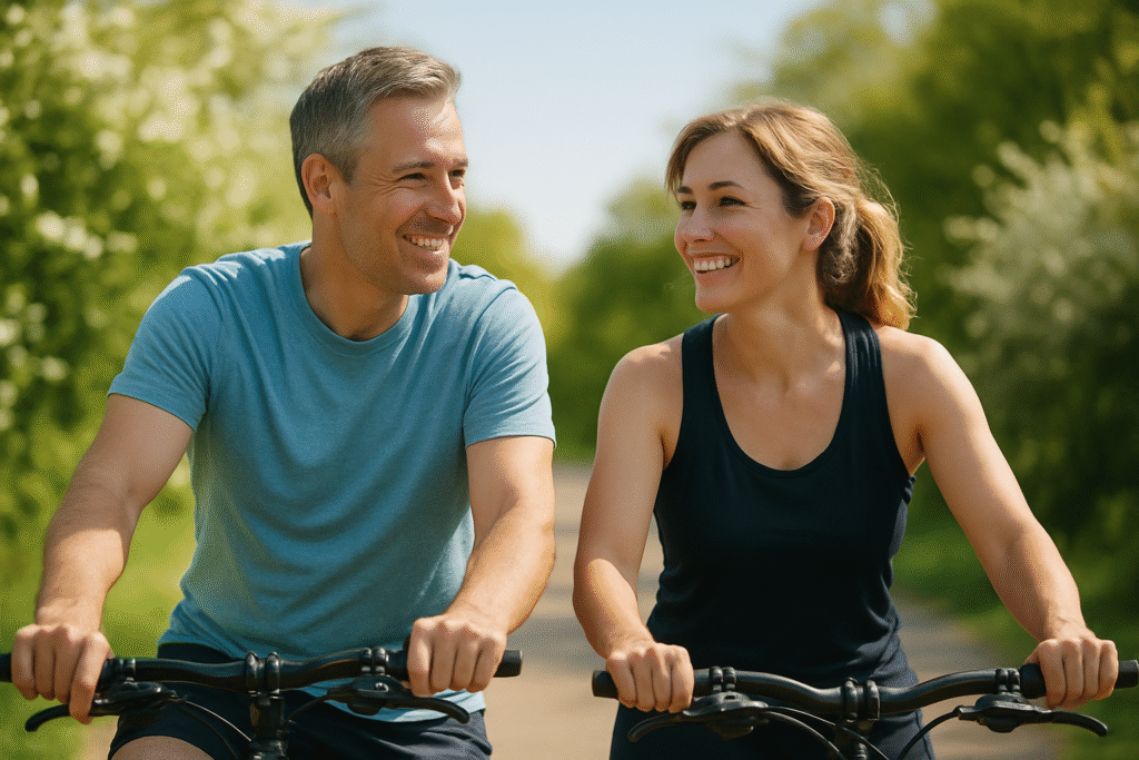 Smiling middle-aged couple cycling outdoors on a sunny day, enjoying active, pain-free movement.