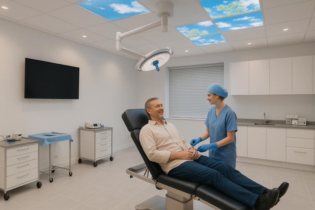 Middle-aged man smiling while being prepared for carpal tunnel surgery by a nurse in a modern operating room at Excel Clinic.