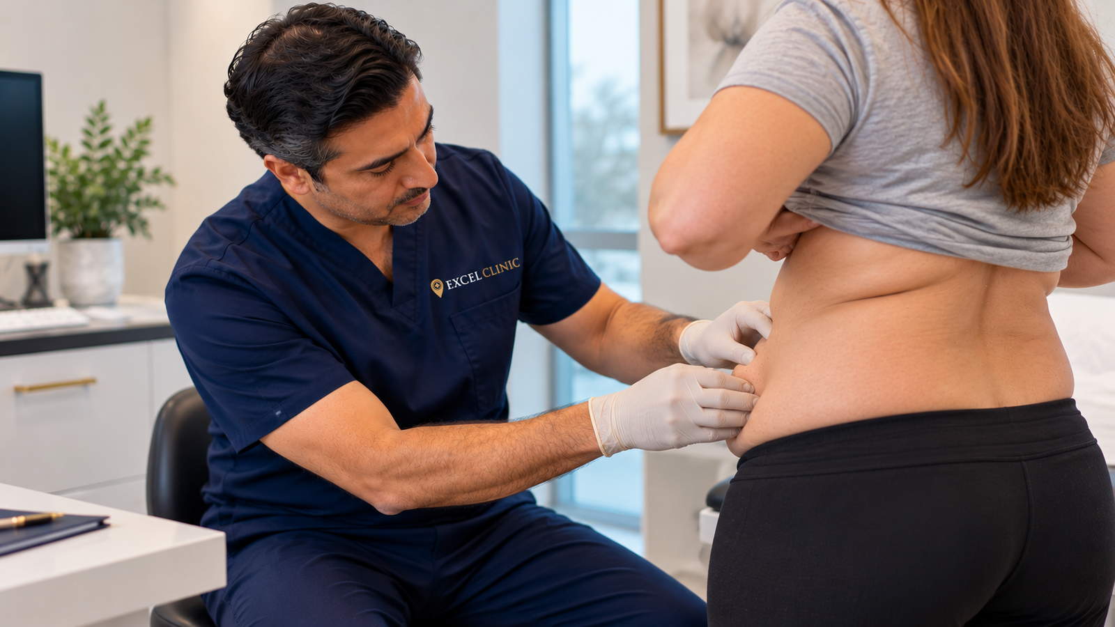 surgeon assessing suitability for tummy tuck on patient